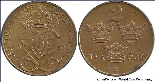 Sweden 2 Öre 1950-Bronze