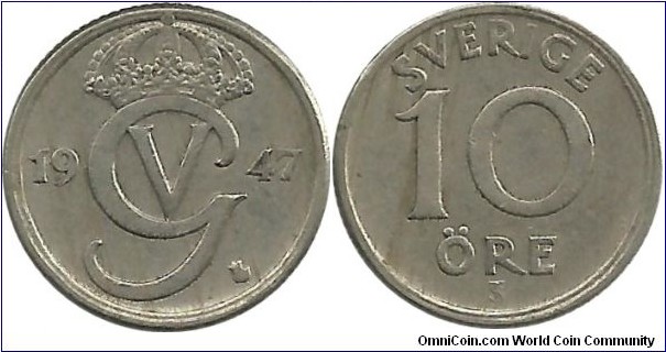 Sweden 10 Öre 1947TS