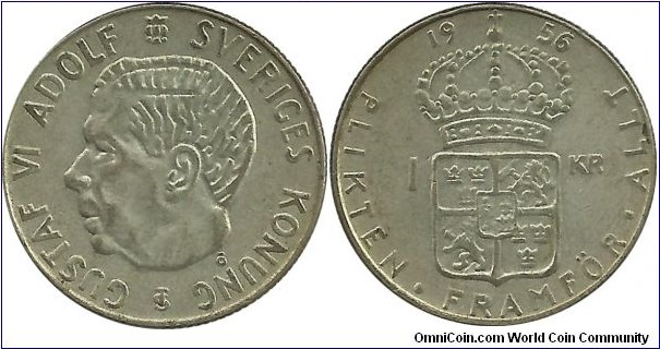 Sweden 1 Krona 1956 - 7.00g  0.400 Ag