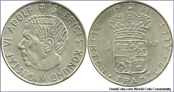 Sweden 1 Krona 1964 - 7.00g 0.400 Ag