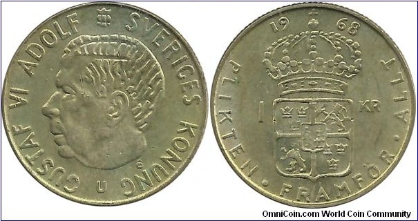 Sweden 1 Krona 1968 - 7.00g 0.400 Ag