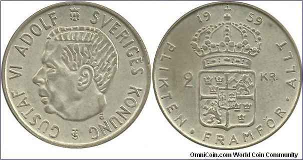 Sweden 2 Kronor 1959 - 14.00g 0.400 Ag