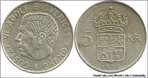 Sweden 5 Kronor 1955 - 18.00g 0.400 Ag