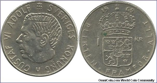 Sweden 1 Krona 1969 - CuNi clad Cu