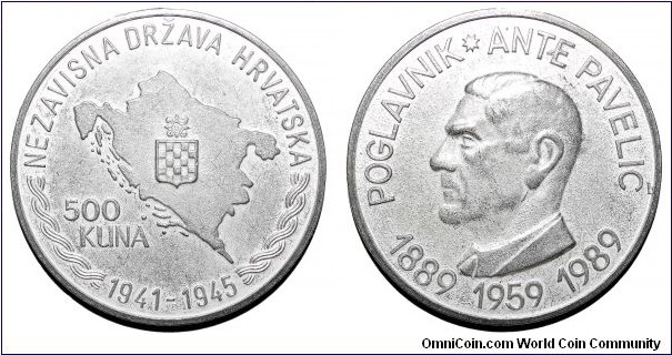CROATIA (INDEPENDENT STATE)~500 Kuna 1989. Commemorative medal: Dr. Ante Pavelic's 100th Birthday.