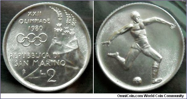 San Marino 2 lire.
1980, XXII Olympic Games in Moscow.