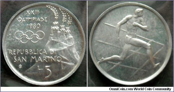 San Marino 5 lire.
1980, XXII Olympic Games in Moscow.