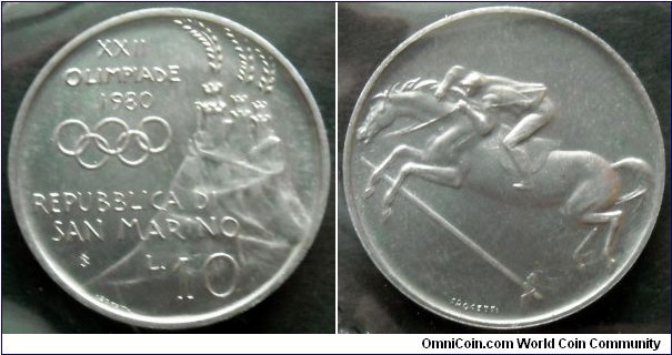 San Marino 10 lire.
1980, XXII Olympic Games in Moscow.