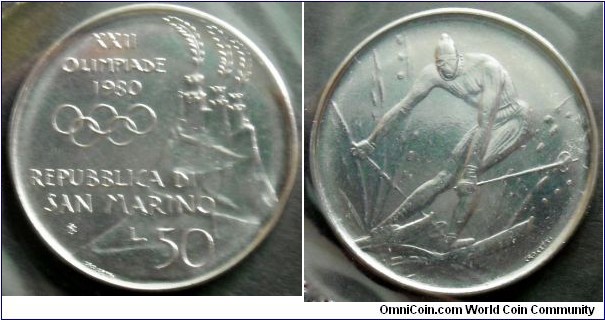 San Marino 50 lire.
1980, XXII Olympic Games in Moscow.
