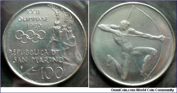 San Marino 100 lire.
1980, XXII Olympic Games in Moscow.