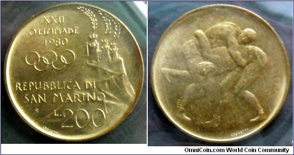 San Marino 200 lire.
1980, XXII Olympic Games in Moscow.