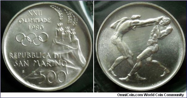 San Marino 500 lire.
1980, XXII Olympic Games in Moscow.
Ag 835. Mintage;
 125.000 pieces.