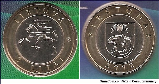 2 Litai
KM#183.1
The obverse of the coins features a stylized Vytis (the state emblem) with the inscriptions LIETUVA (Lithuania) and 2 LITAI (2 litas) arranged in a semicircle. The mintmark of the Lithuanian Mint is impressed on the obverse of the coin. The reverse of the four coins features the coat-of-arms of each resort in the centre, the inscription BIRŠTONAS, DRUSKININKAI, NERINGA or PALANGA above it, and the year of issue 2012 at the bottom. Metal: ring Cu/Al/Ni alloy, the middle part Cu/Ni alloy. Diameter 25.00 mm, Weight 7.50 g. Designed by Giedrius Paulauskis. Mintage 100,000 pcs. Issued 04.12.2012. The coin was minted at the state enterprise Lithuanian Mint.