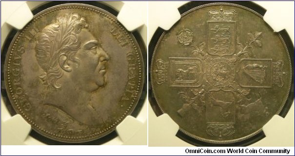 1820 UK George III Crown Silver Pattern by Webb & Mills for James Mudie. 39MM
Obv: George III Laureate bust right. Rev: Cruciform shields. Thistle, Rose, Treefoil & Horse in angles.  NGC Proof-63.