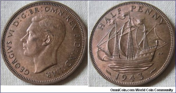 1943 halfpenny EF almost full lustre