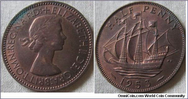 1953 halfpenny Obverse 2 (cross to beads)