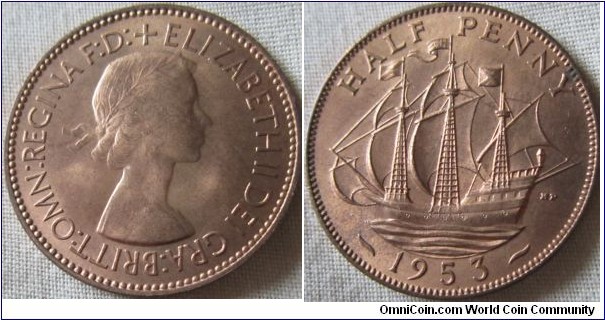 scarcer 1953 OBV 1 (Cross between beads lower relief head) halfpenny