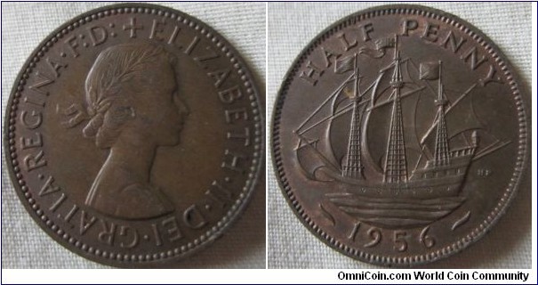 1956 halfpenny, type 3+c (most common type)