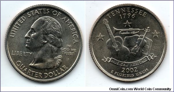 Tennessee State Quarter. From Collectors Alliance Commemorative Quarters Set. Denver Mint
