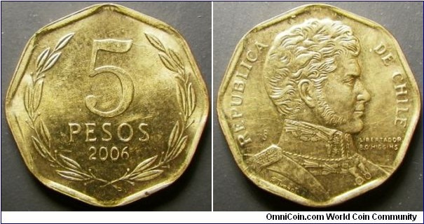 Chile 2006 5 pesos. Struck in medal alignment. Weight: 2.24g. 
