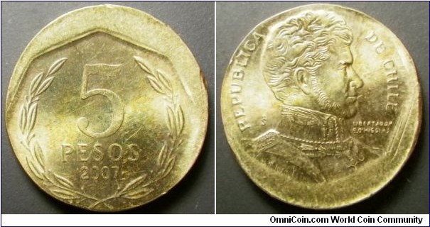 Chile 2007 5 pesos. Offstruck. Weight: 2.22g. 