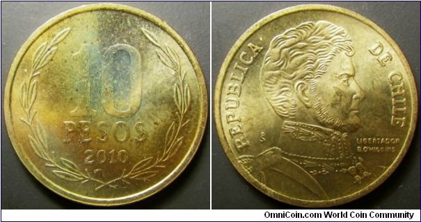Chile 2010 10 pesos. Interesting toning. Weight: 3.55g. 