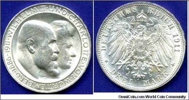 3 Mark.
German Empire.
Wurttemberg.
Silver Wedding Anniversary.
*F* - Freudentstadt mint.
Mintage 493,000 mint.


Ag900f. 16,667gr.
