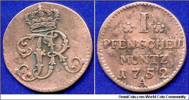 1 pfennig.
Kingdom of Prussia.
Friedrich der Grosse (1740-1786).
*A* - Brlin mint.


Cu.