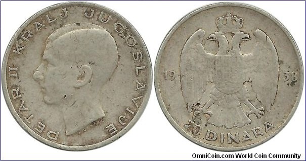 Yugoslavia-Kingdom 20 Dinara 1938