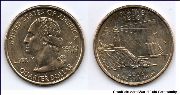 Maine State Quarter. From Collectors Alliance Commemorative Quarters Set, Gold Edition. 24K Gold Layered. Denver Mint