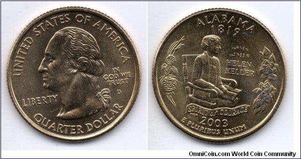 Alabama State Quarter. From Collectors Alliance Commemorative Quarters Set, Gold Edition. 24K Gold Layered. Denver Mint