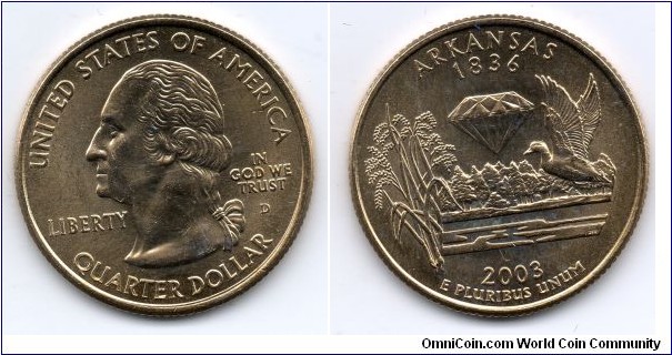 Arkansas State Quarter. From Collectors Alliance Commemorative Quarters Set, Gold Edition. 24K Gold Layered. Denver Mint