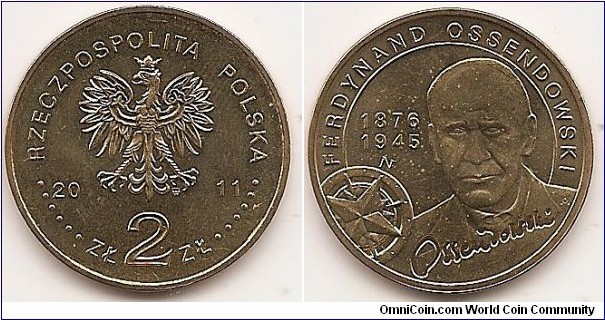 2 Zlote
Y#797
8.1500 g., Brass, 27 mm. Subject: Polish Explorers Obv: An image of the Eagle established as the emblem of the Republic of Poland. On the sides of the eagle, the notation of the year of issue: 20-11; below the Eagle, an inscription: ZŁ 2 ZŁ. Along the rim, an inscription: RZECZPOSPOLITA POLSKA (Republic of Poland), preceded and followed by six pearls. The Mint’s mark: M/W, under the Eagle, on the right-hand side. Rev: : A stylised image of the bust of Ferdynand Ossendowski. On the left-hand side, an inscription: 1876/1945. Below, a stylised fragment of a windrose. At the bottom, the facsimile signature of Ferdynand Ossendowski. At the top, a semicircular inscription: FERDYNAND OSSENDOWSKI. Edge: The inscription: NBP, repeated eight times, every second one inverted by 180 degrees, separated by stars. Obverse designer: Ewa Tyc-Karpińska
Reverse designer: Dominika Karpińska-Kopiec
