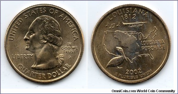 Louisiana State Quarter. From Collectors Alliance Commemorative Quarters Set, Gold Edition. 24K Gold Layered. Denver Mint