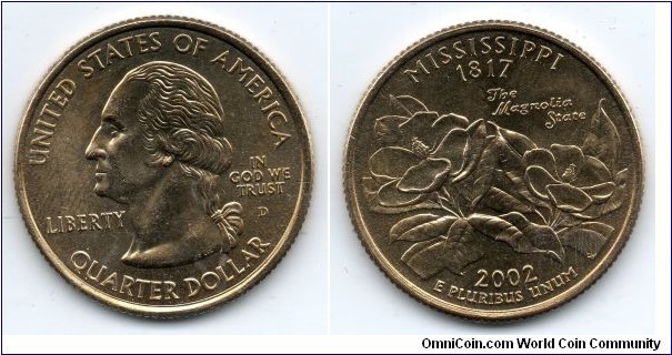 Mississippi State Quarter. From Collectors Alliance Commemorative Quarters Set, Gold Edition. 24K Gold Layered. Denver Mint