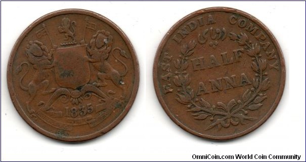 Half Anna, East India Company. Madras Mint