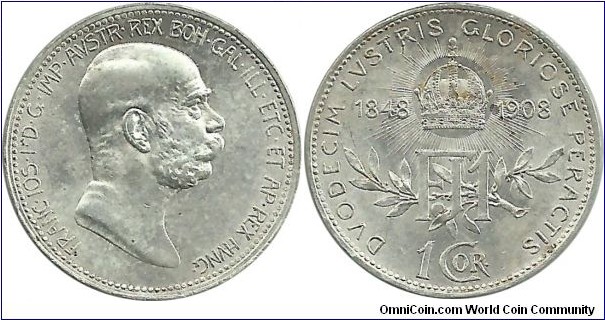 Aust-HunEmp 1 Corona 1908-Austria-Franz Joseph I, 60th Anniversary of Reign