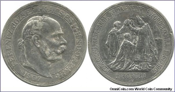 Aust-HunEmp 5 Korona 1907-Hungary-40th Anniversary Coronation of Franz Josef