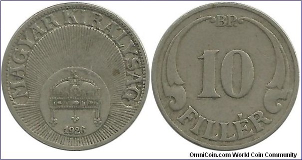 Hungary-Kingdom 10 Filler 1926