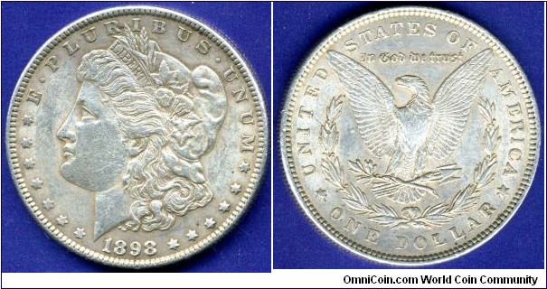 Dollar (Morgan Dollar).
USA.
Withouth mintmark.
Mintage - 5,884,735 units.


Ag900f. 26,73gr.