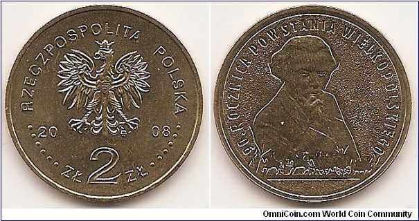 2 Zlote
Y#662
8.1500 g., Brass, 27 mm. Subject: 90th Anniversary of the Greater Poland Uprising Obv: An image of the Eagle established as the state emblem of the Republic of Poland, on both sides of the Eagle the notation of the year of issue: 20-08. Below the Eagle the inscription: ZŁ 2 ZŁ, a circumscription: RZECZPOSPOLITA POLSKA (the Republic of Poland) in the rim, preceded and followed by six pearls. The mint’s mark: M/W under the Eagle’s left leg. Rev: A stylized image of a bust of Ignacy Jan Paderewski leaning his head against his hand. Against the background of the bust at the bottom a stylized image of a marching party of insurgents of the Greater Poland Uprising.  A circumscription: 90. ROCZNICA POWSTANIA WIELKOPOLSKIEGO (90th anniversary of the Greater Poland uprising) in the rim. Edge: the inscription: NBP, repeated eight times, every second one inverted  by 180 degrees, separated by stars. Obv. Designer: Ewa Tyc-Karpińska . Rev. Designer: Urszula Walerzak