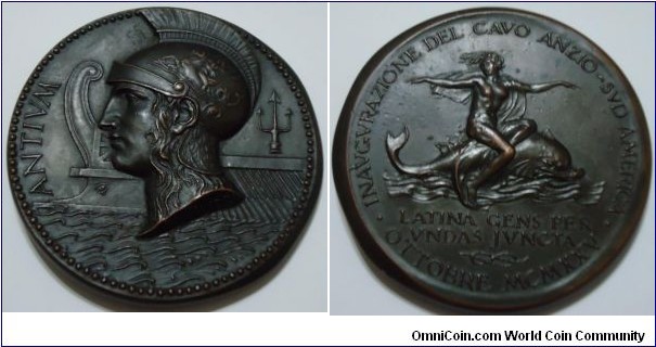 1925 Italy Inaugural for the Italcable cable system from Anzio to South America Medal sculpted by Angelo Mistruzzi of Rome. Bronze: 85MM./278 gms.
Obv: Bust of Roma Knight ANTIVM (Antium) face right. Rev: Sea Goddess riding dolphin. Legend INAVGRAZIONE DEL CAVO ANZIO-SVD AMERICA LATINA GENS PER VNDAS JVNCTA OTTABRE MCMXXV.  Meaning Inauguration of the Cable Anzio-South America Latin Peoples Joined through the Waves October 1925. (Project was started in 1924 and completed in 1925).
