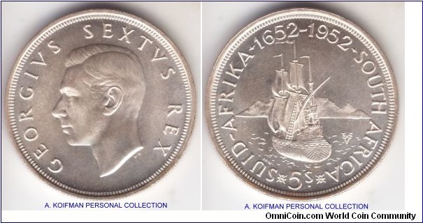 KM-41, ND (1952) South Africa (Dominion) 5 shillings; silver, reeded edge, special select or proof-like finish; very nice, brilliant uncirculated specimen, mintage 12,000 for proof-like.