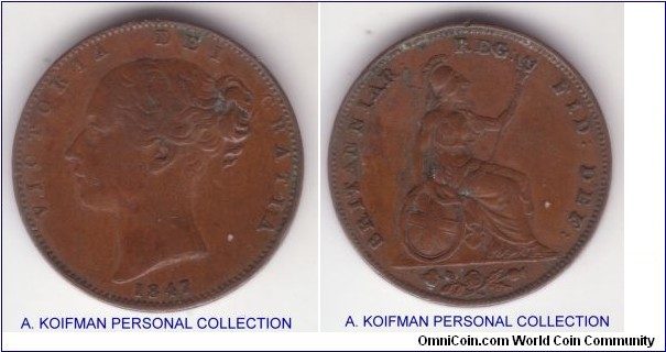 KM-725, 1847 Great Britain farthing; copper, plain edge; very fine looking, a bit dirty, but good specimen nevertheless.