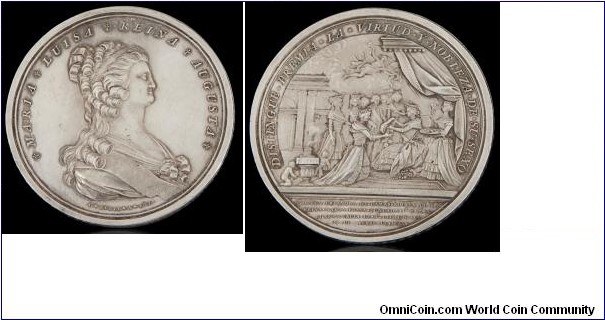 1793 Austria The Order of Queen Maria Louisa Medal by Geronimo Antonio Gil. Silver: 56MM./83.4 gm.
Obv: Bust of Maria-Louisa's facing right with diadem head (Mother of Gustalla Maria Luigia). Legend MARIA LUISA REINA AUGUSTA. Rev: The Queen enthroned before giving the order to her kneeling and standing men & women, left two Genii to urn, above Fama on clouds. Legend DISTINGUE PREMIA LA VIRTUD Y NOBLEZI DE SU SEXO.
