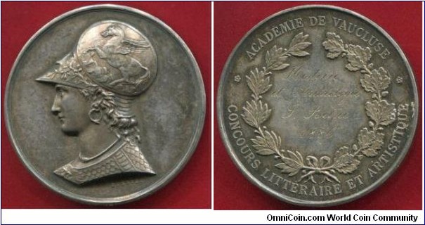 1886 France Academy of Vaucluse Literary and Artistic Competition Medal by Desaide. Silver 51MM./63.3 gm.
Obv: Bust of Athena in Pegasus helmeted face left. Rev: Wearth with legend ACADEMIE DE VAUCLUSE CONCOURS LITTERLAIRE ET ARTISTIQUE. Awarded to J. Reine for his work in history and archeology.
