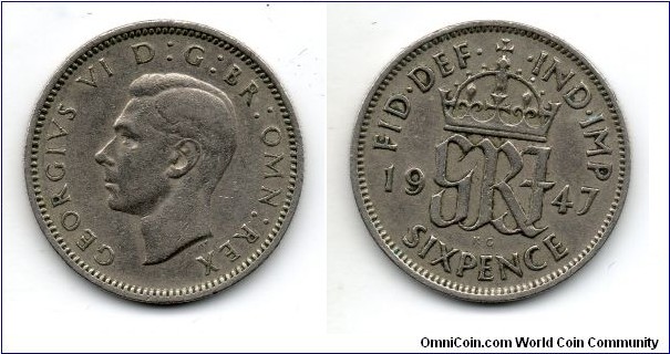 1947 George VI Sixpence, FID DEF IND IMP