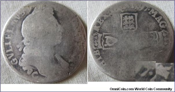 1697 chester shilling, VG grade most details clear possible overstriking on the R and unsual 7