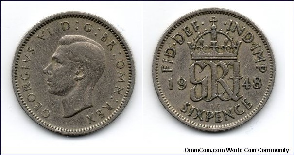 1948 George VI Sixpence. FID DEF IND IMP