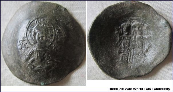 Alexius III, Angelus-Comnenus, 1195 - 1203 AD.  Billon Aspron Trachy.  Bust of Christ facing, beardless and nimbate.  Rev. Alexius stg. facing with St. Constantine holding a globus between them.